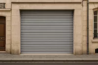 Devanture de magasin parisien avec un rideau métallique propre et fermé, encadré par une façade en pierre beige typique de l’architecture haussmannienne, sur une rue pavée.